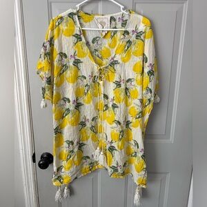 Lemon-Print Tie Front Swim Coverup Tunic - Yellow